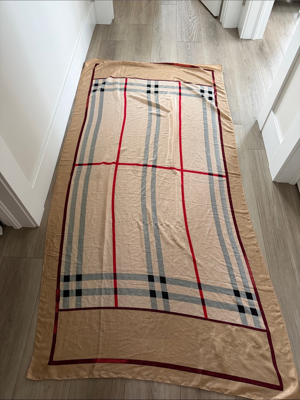 Beige Plaid Scarf with Red & Black Windowpane Stripes